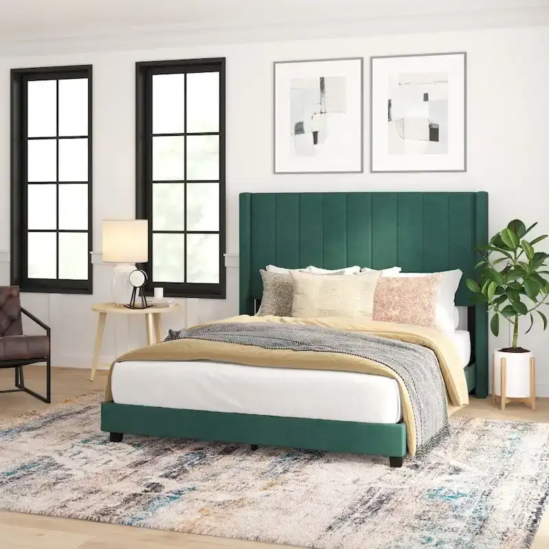 Velvet Channel Tufted Wingback Platform Bed – Emerald / Gray / Navy, Full / Queen / King, 2-Person