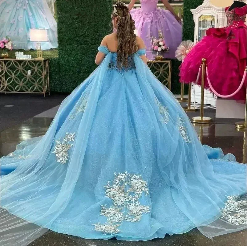 Ball-Gown Sky Blue Appliques Quinceanera Dresses with Cape