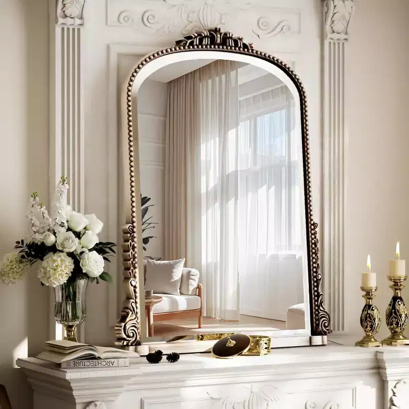 32x24 Arched Mantle Mirror, Arched Beaded Mirror with Metal Frame, Decorative Bathroom Vanity Mirror for Entryway, Bedroom, or Living Room