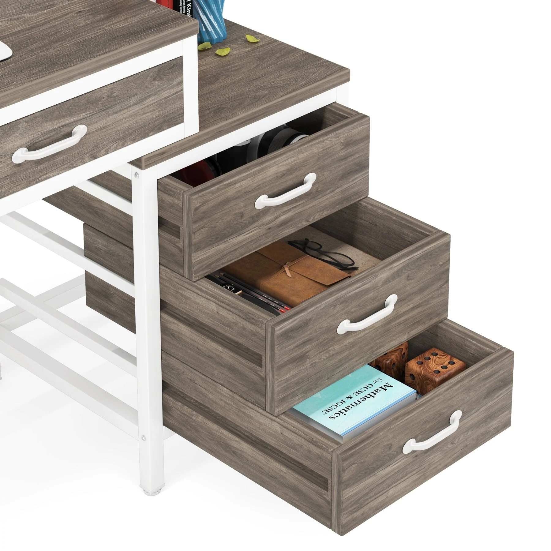 Reversible Computer Desk with 5 Drawers, Home Office Desk with File Cabinet Drawer Printer Stand