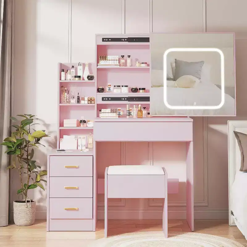 Acekool Dressers Set with Sliding Mirror, Touch Lighting, Charging Station, 4 Drawers & Shelves, Stool, Bedroom Vanity
