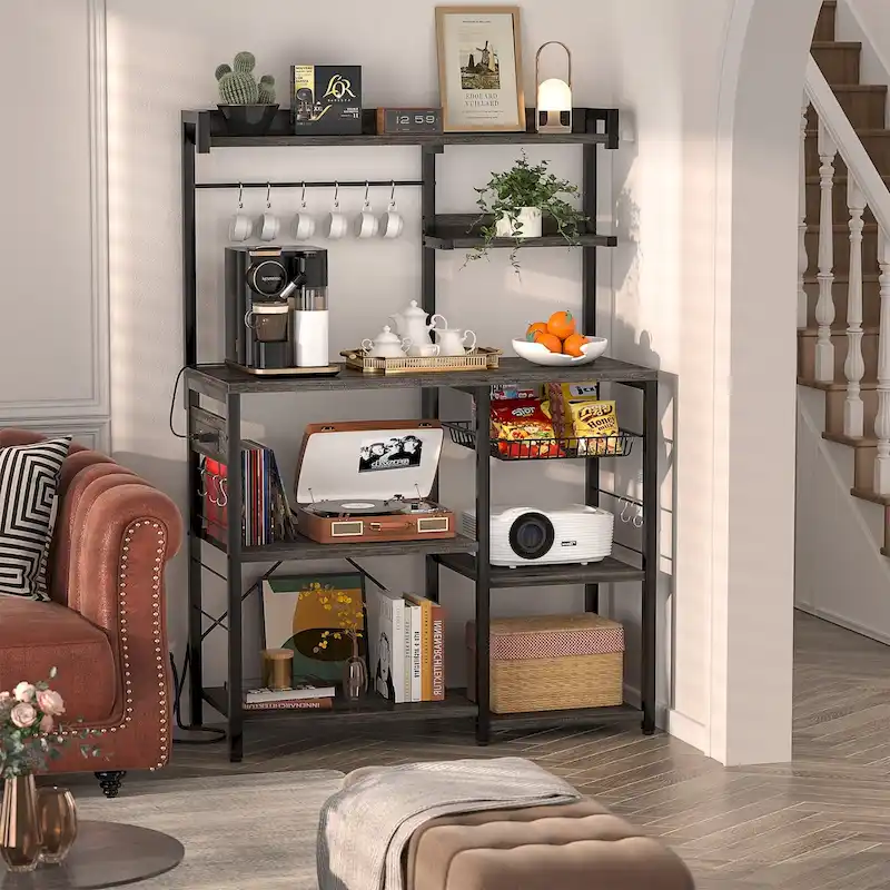 Kitchen Baker's Rack with Power Outlet, LED Light, and Storage Shelves