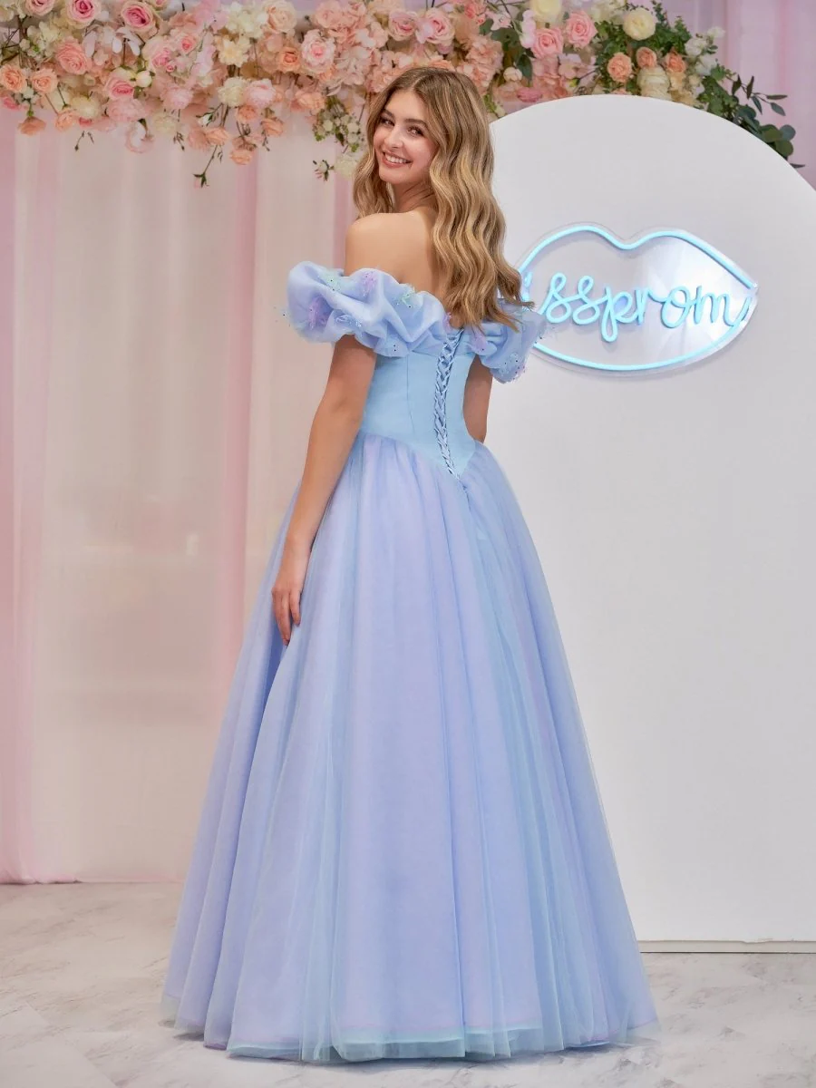 Cinderella Sky Blue Tulle Off the Shoulder With Crystals & Butterflies Ball Gown