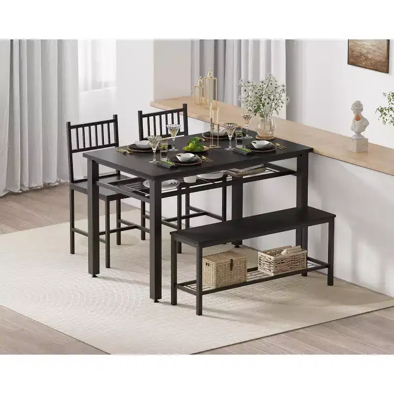 Modern 4-Piece Dining Table Set with Storage Bench & Chairs, 47 Rectangular Kitchen Table for Apartments - Easy Assembly & Space-Saving