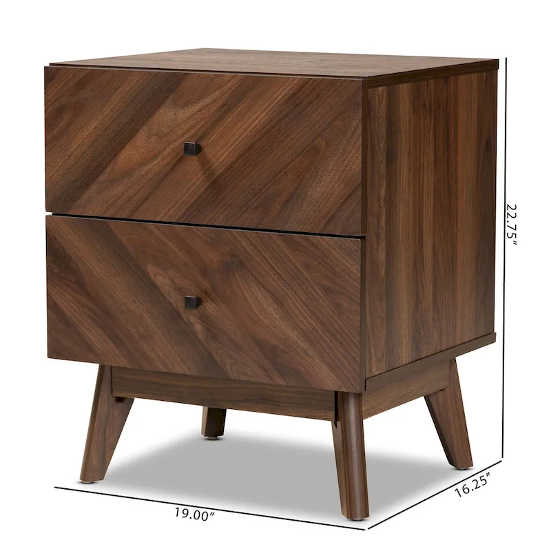 Mid-Century Modern Walnut Finished Wood 2-Drawer Nightstand