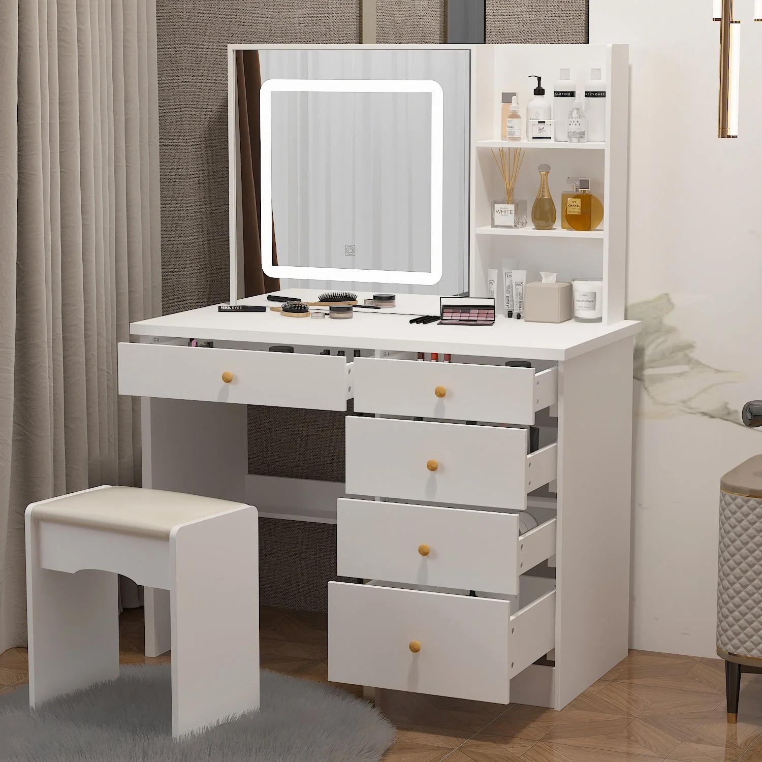 Kerrogee Makeup Vanity Set with Adjustable Lighted Mirror & Stool - 39.4L x 19.7W x 53.5H