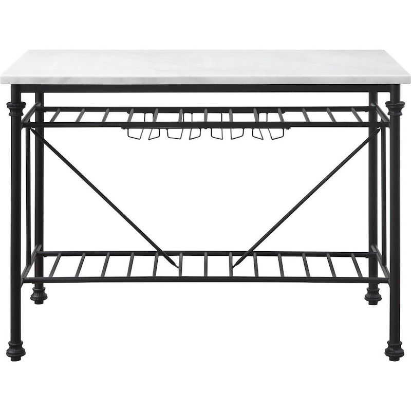 Kitchen Island with Marble Top and Slatted Shelf, Black and White