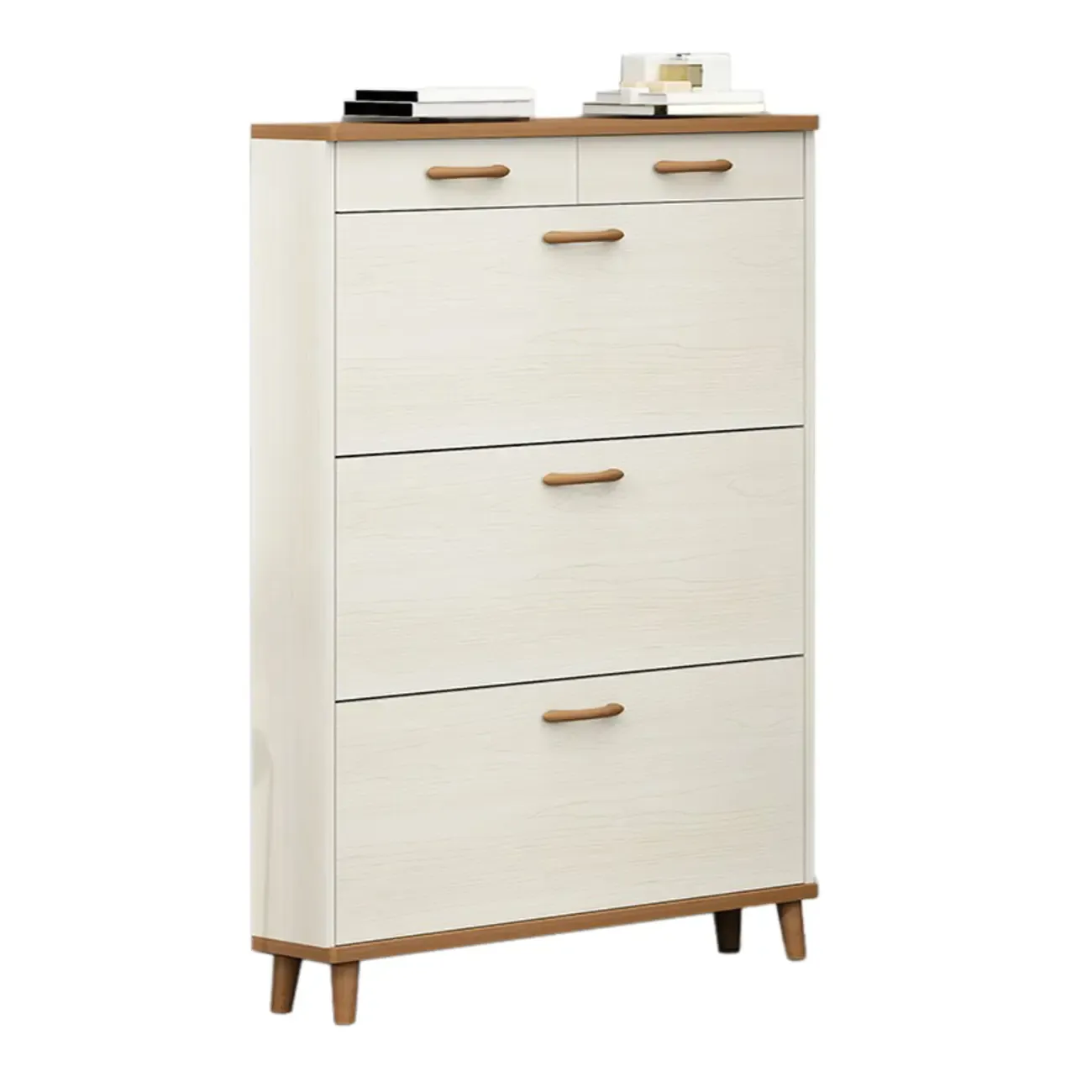 Narrow Beige Solid Wood Drop Front Shoe Cabinet