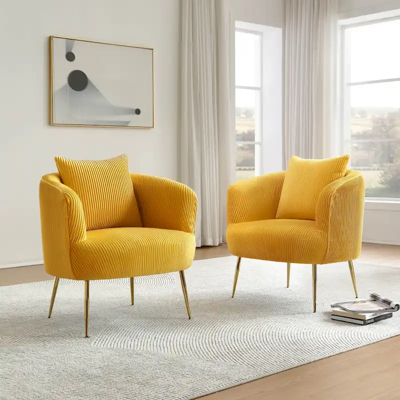 Velvet Barrel Accent Chairs with Golden Legs Set of 2