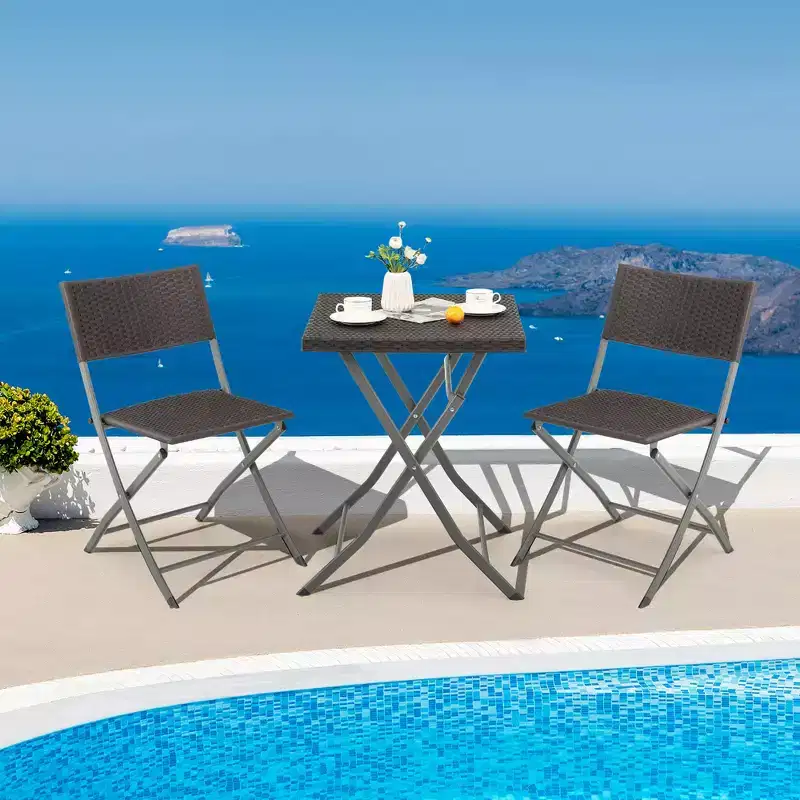 Costway 3PCSPatio Folding Rattan Bistro Set Chairs Backrest Table Garden Deck