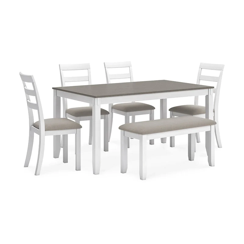 Stonehollow White and Gray Dining Table and Chairs with Bench (Set of 6)