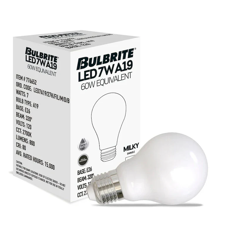 Bulbrite LED Filament Pack of (4) 7 Watt Dimmable A19 Light Bulbs with Milky Finish and Medium (E26) Base - 2700K