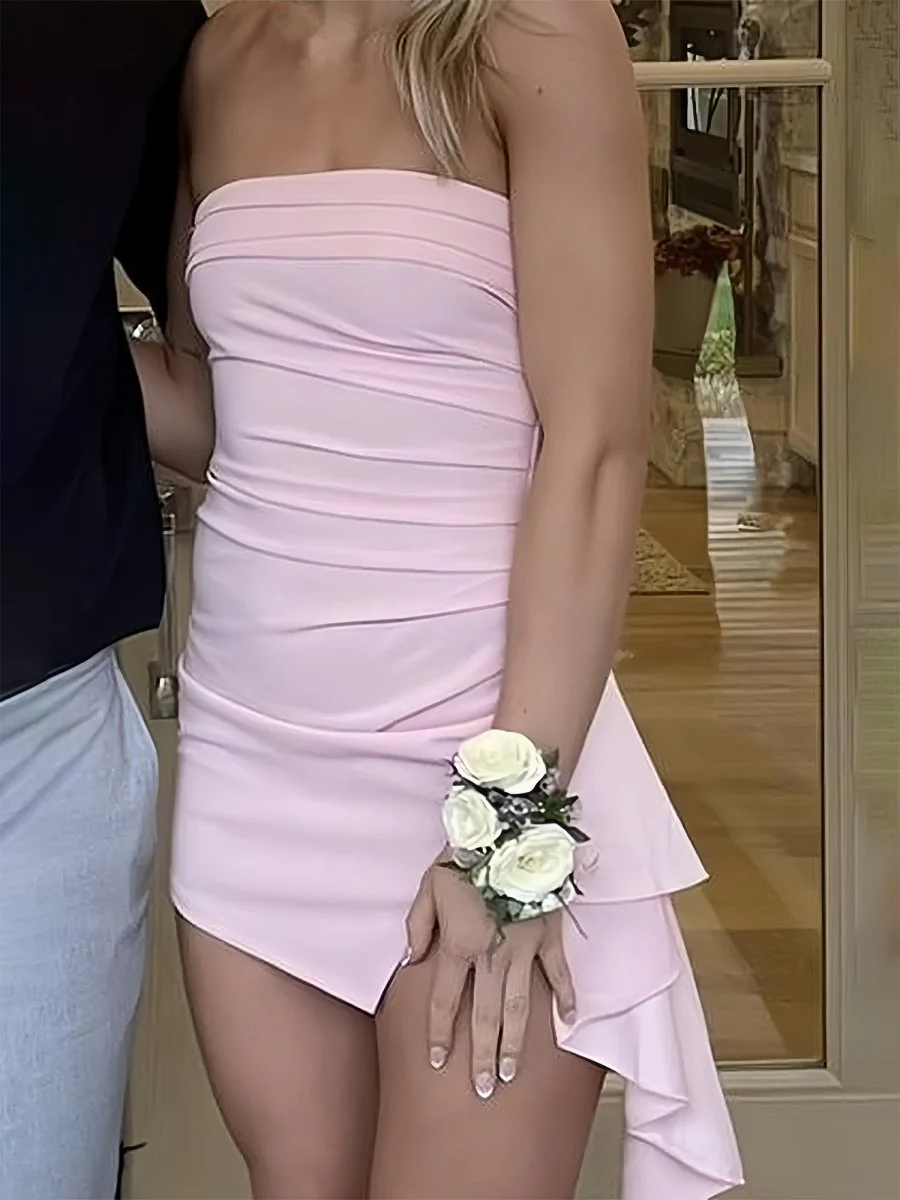 Pink - Strapless Satin Bodycon Homecoming & Cocktail Dress With Slit