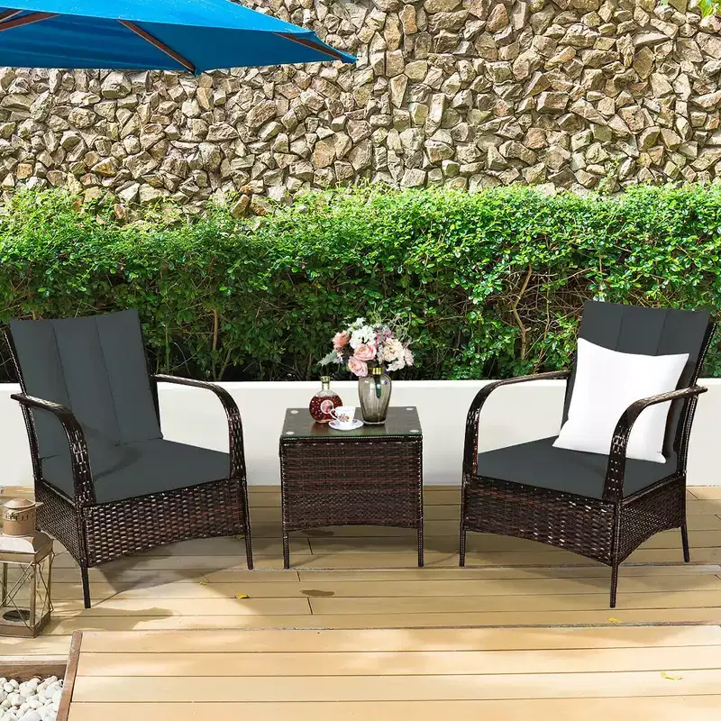 Costway 3 PCS Patio Wicker Rattan Furniture Set Coffee Table & 2 Rattan Chair W/Cushions