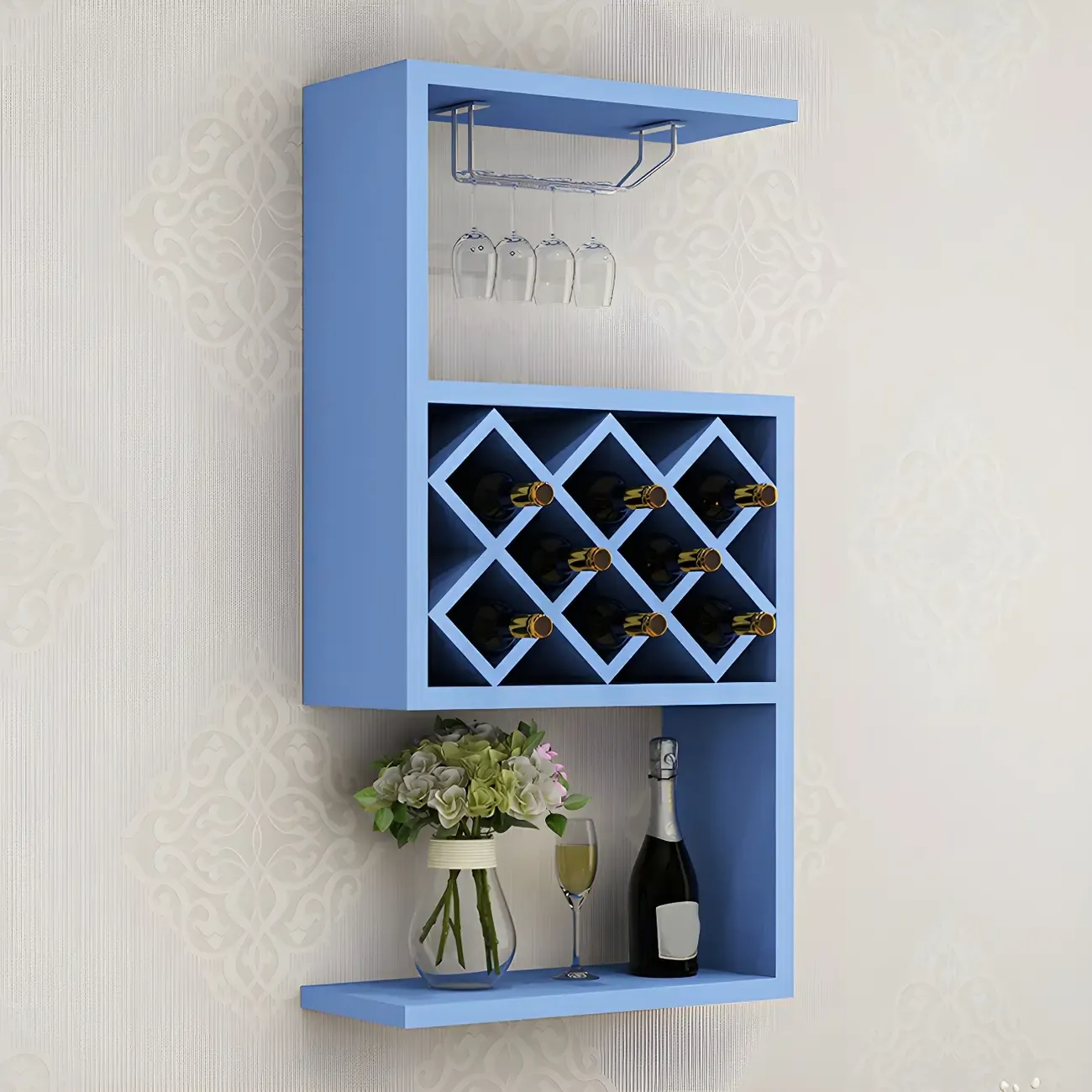 Rubberwood Floating Mount Wine Rack with Stackable Design