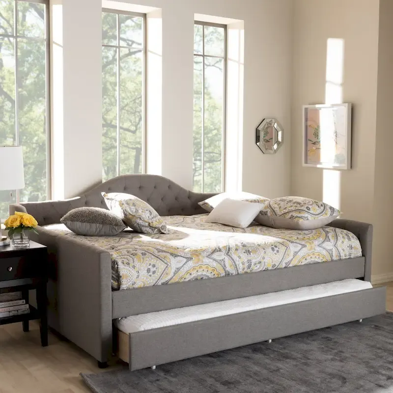 Grey / Beige Tufted Daybed with Pull-Out Trundle – Contemporary Style, 1–2 Person Use