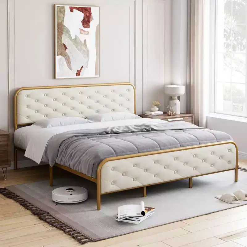 King Bed Frame with Headboard and Footboard, Premium Velvet Upholstered Platform Bed, Diamond Tufted Design, No Box Spring Needed