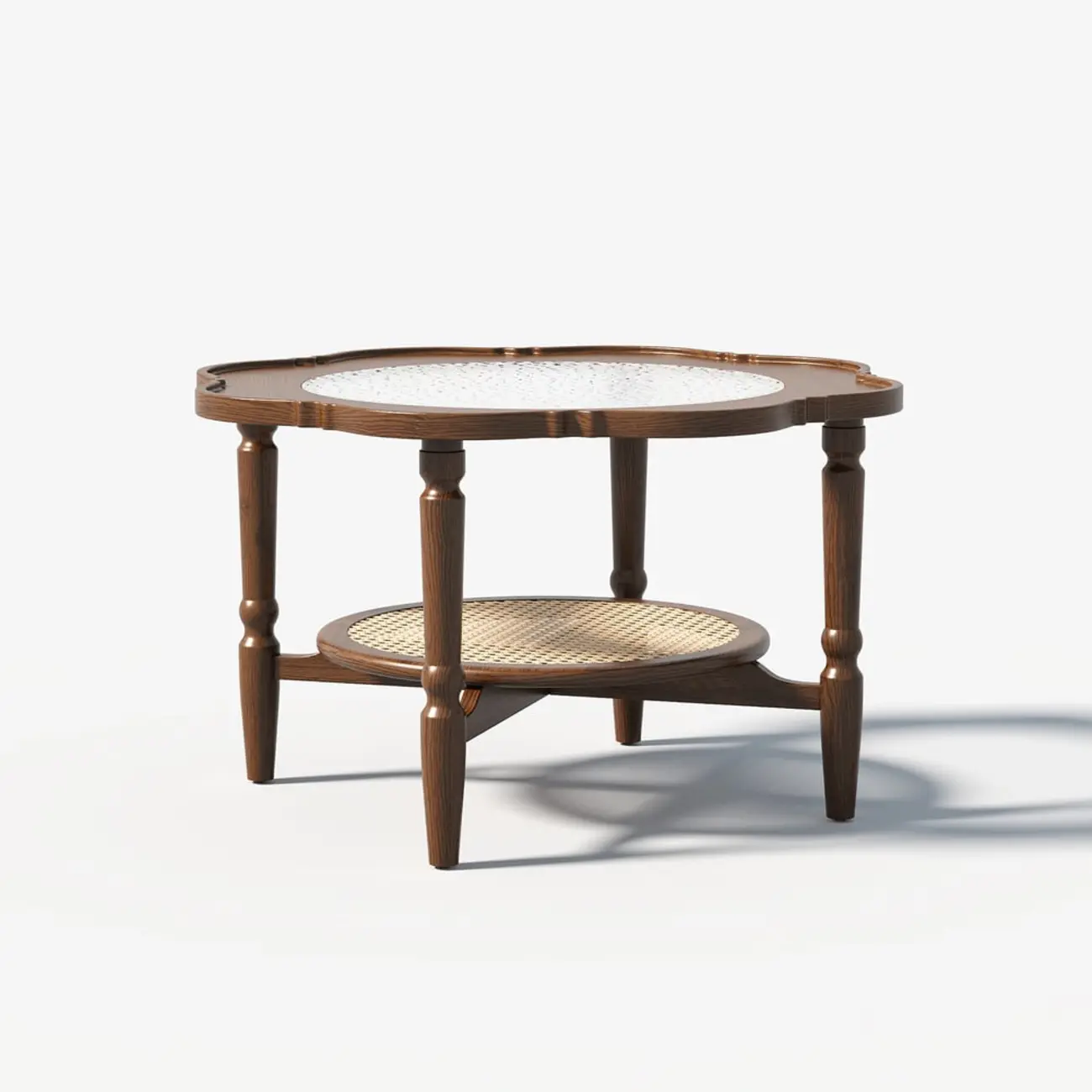 Classic 2-Layer Walnut Finish Wood Coffee Table in Glass Top