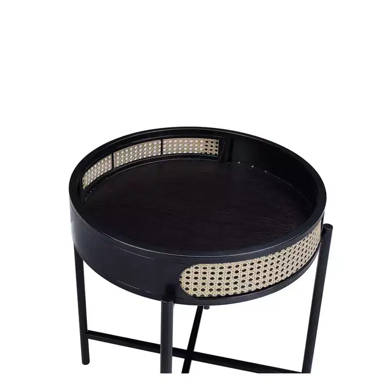 22" Colson Accent Table Black Finish - Acme Furniture: Rattan Detail, Metal Frame, Wood Top, No Assembly Required
