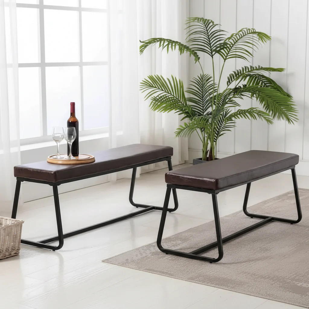 Home Remy Entryway Bench, PU Leather Upholstery, Iron Legs