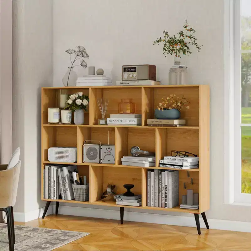 GustoWave 10-Cube Storage Bookcase with Iron Legs, 3-Tier Wood Organizer Shelf for Living Room, Office - 55 Wide Display Cabinet