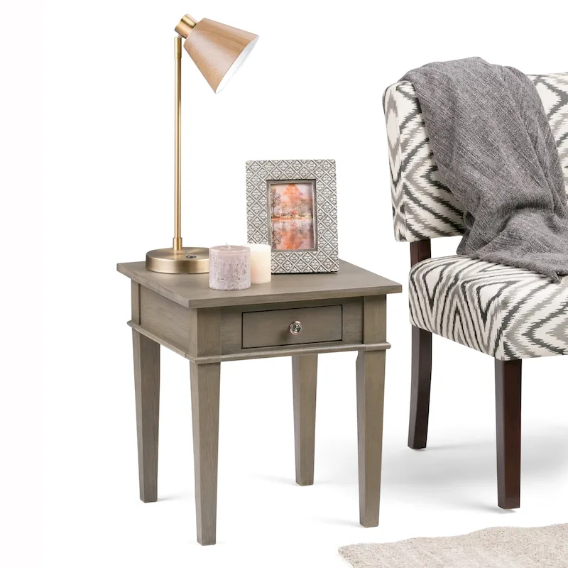Farmhouse Grey / Saddle Brown / Tobacco Brown Square Wood End Table with Drawer – Single Use