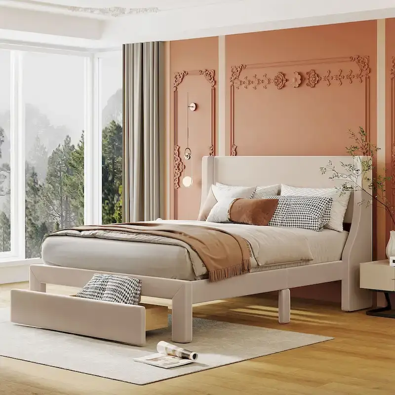 Full Size Storage Bed Velvet Upholstered with a Big Drawer