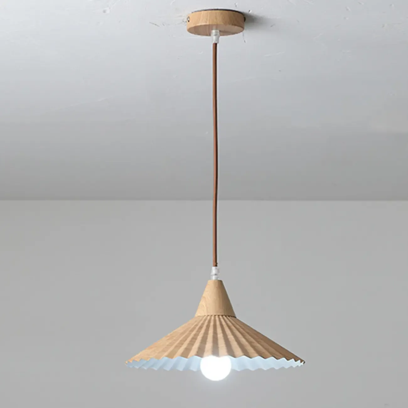Modern Walnut Pleated Cone Pendant Light
