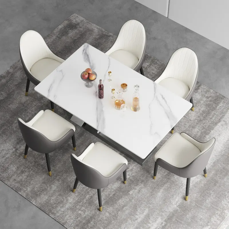 Modern Slate Kitchen Dining Table with White Rectangle Sintered Stone Top and Metal Legs -- 63/71/79
