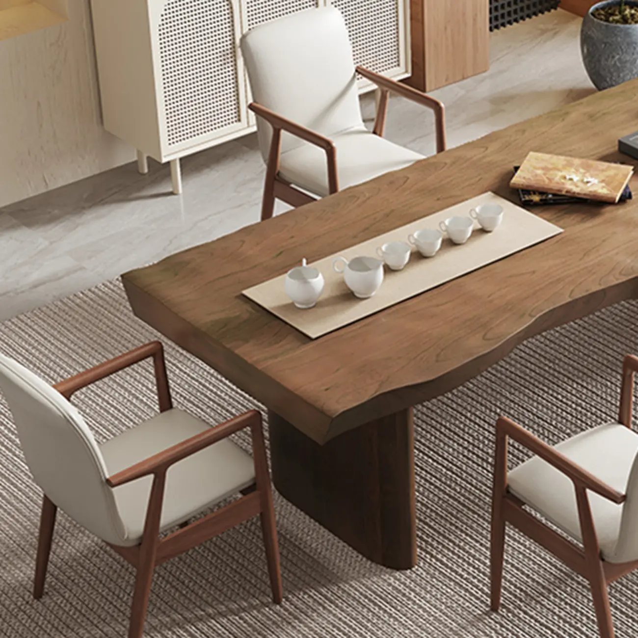 Modern Wood Faux Leather Upholstered Dining Armchair