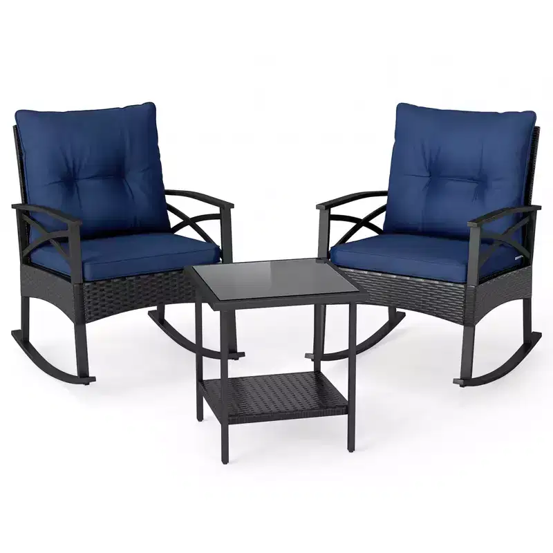 Gymax Set of 3 Patio Bistro Set w/ Glider Rocking Chairs Tempered Glass Coffee Table & Cushions