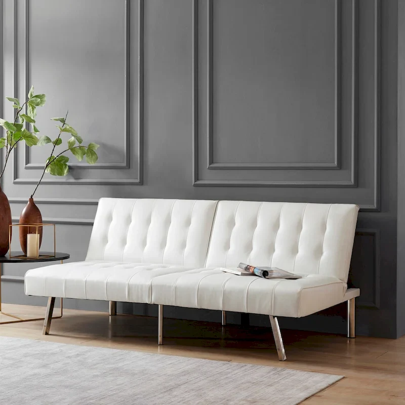 Tufted Mid-Century Modern Split Back Futon Sofa Couch Bed with Chrome Legs