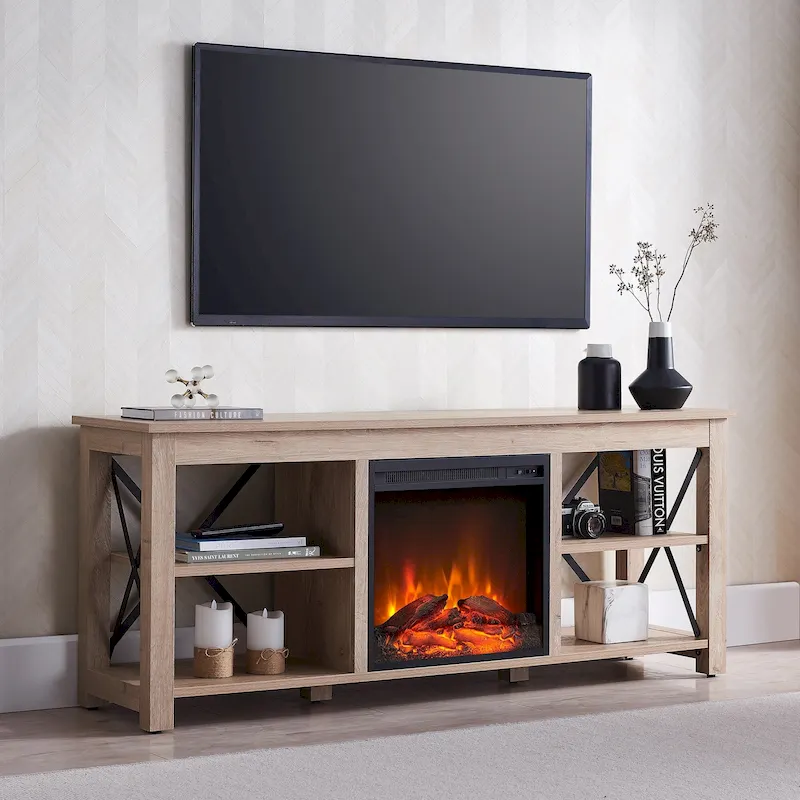 Farmhouse TV Stand with Electric Fireplace Insert, Fits up to 65