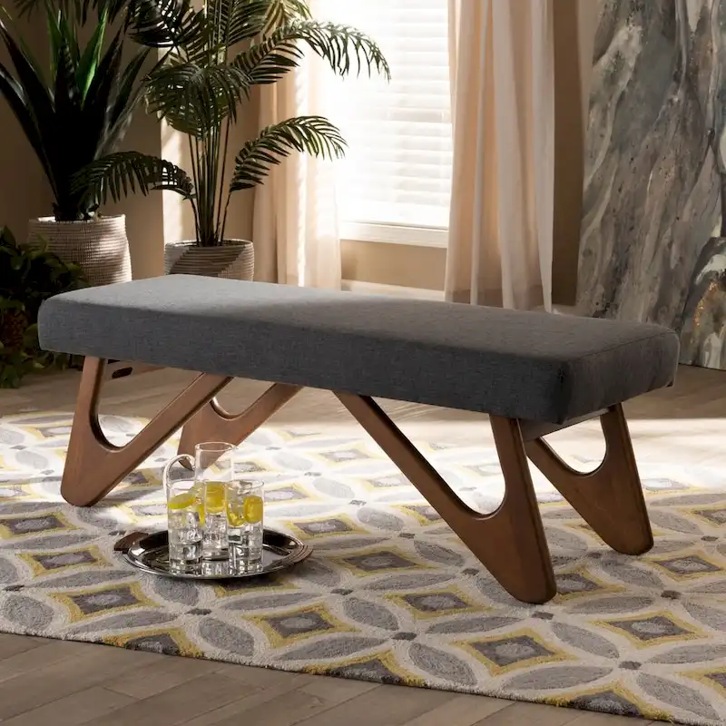 Upholstered Bench with Boomerang Legs – Greyish Beige / Dark Grey, Mid-Century Modern Style