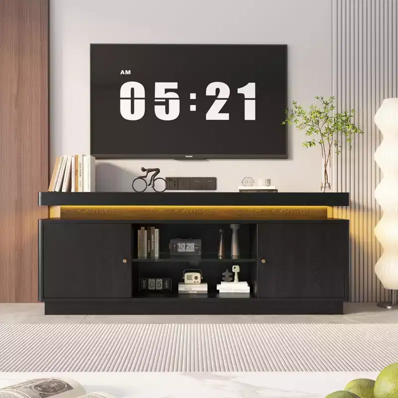 63'' TV Stand, Entertainment Center with Power Outlets and Adjustable Shelf, TV Console for Living Room, Modern Media Console