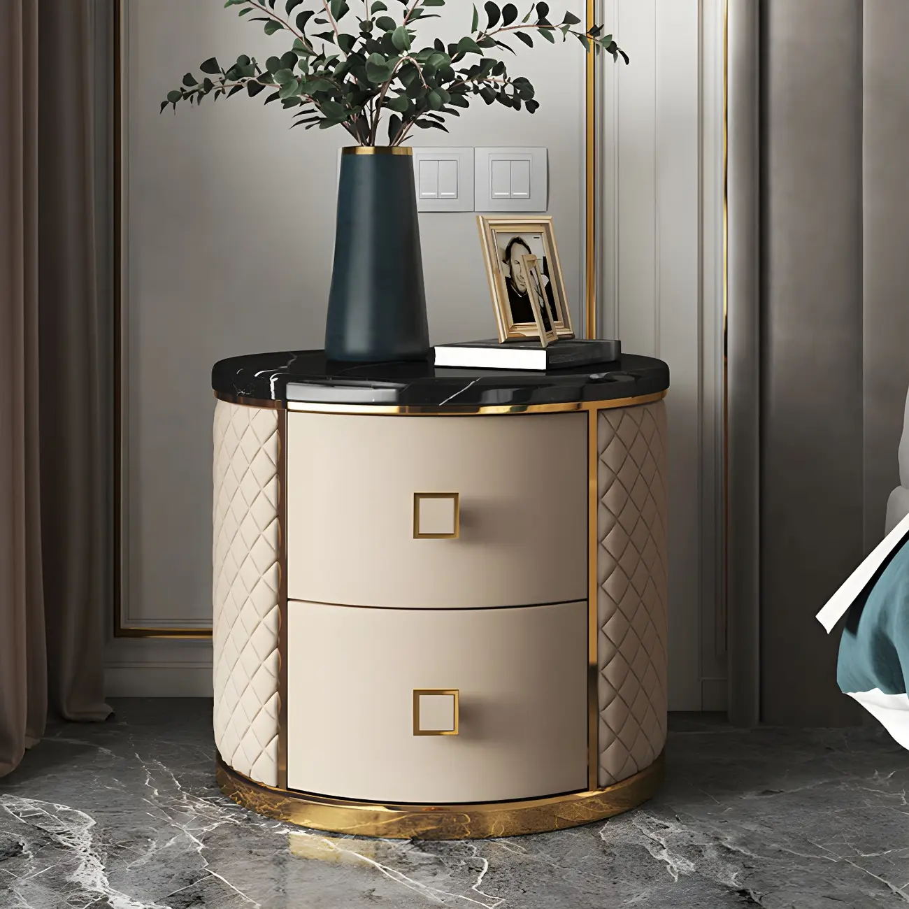 Glam Round Leather Nightstand with Marble Countertop 2 Drawers
