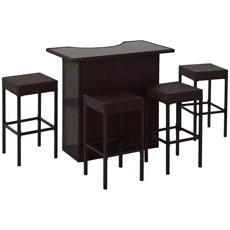 5 Pcs Rattan Wicker Bar Set, High Top Outdoor Table and Chairs, Bar Height Patio Set with Glass Table Top 2 Tier Storage Shelf,for Garden