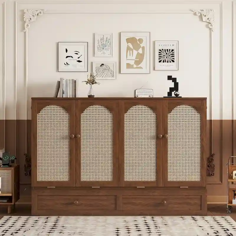 Folding Murphy Bed Pine Wood Cabinet Bed Queen Size Cube Cabinet Bed with Power Station, Drawer and Rattan Decoration Panel