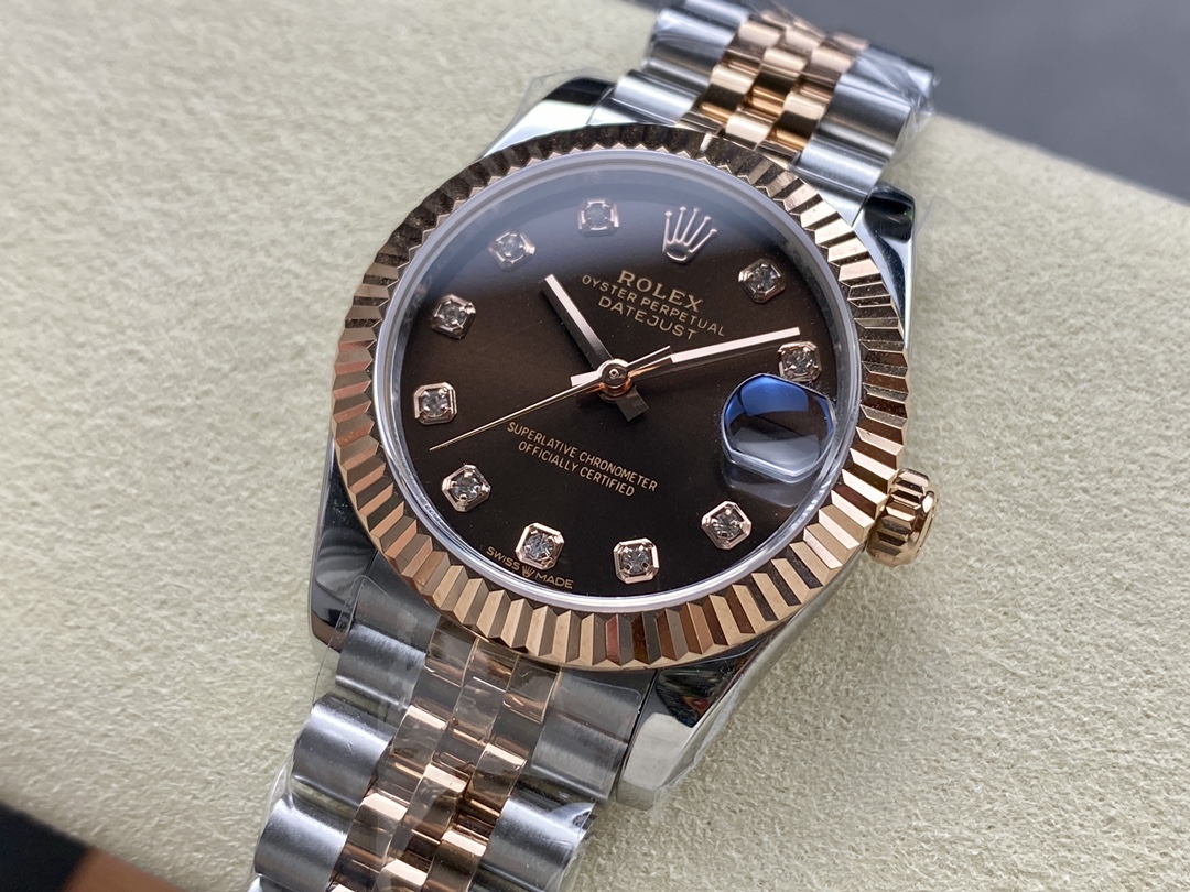 Rolex Datejust replica met chocolade wijzerplaat en roségouden lunette