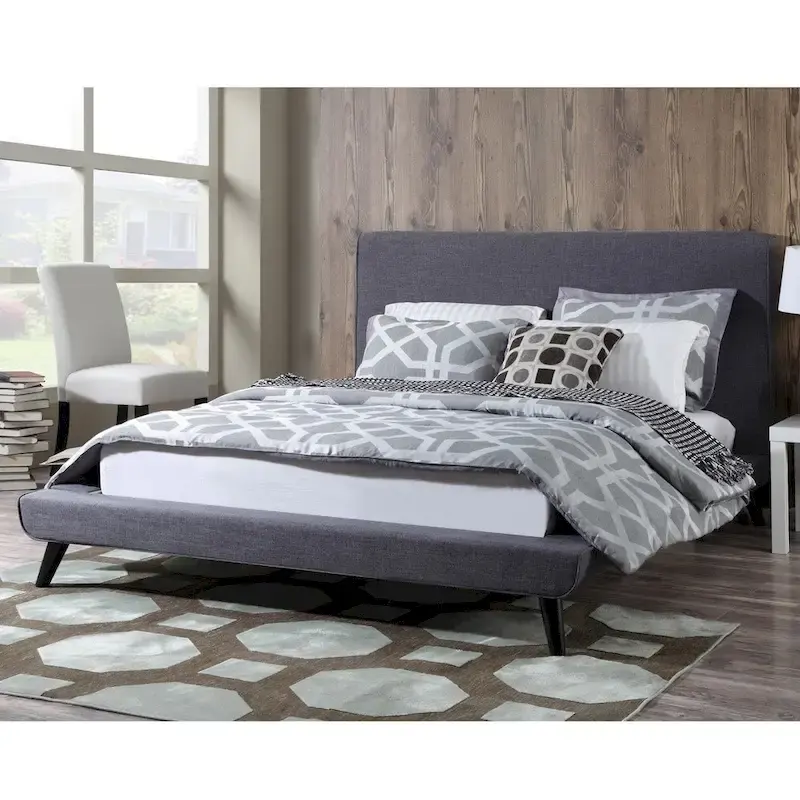 Mid-Century Modern Grey Linen Upholstered Platform Bed | Wood Legs, No Box Spring