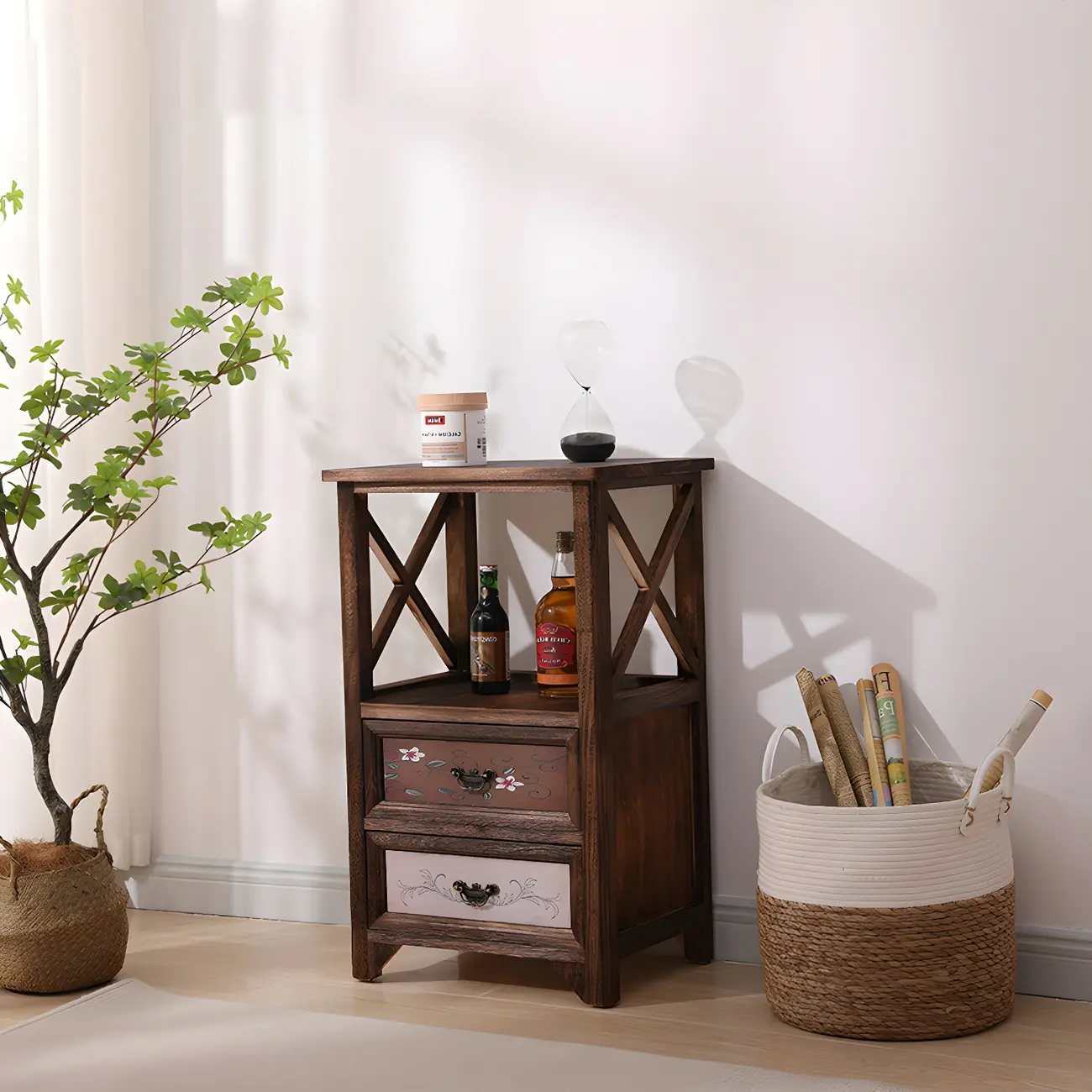 Industrial Rectangular Brown Wooden Drawer Cabinet