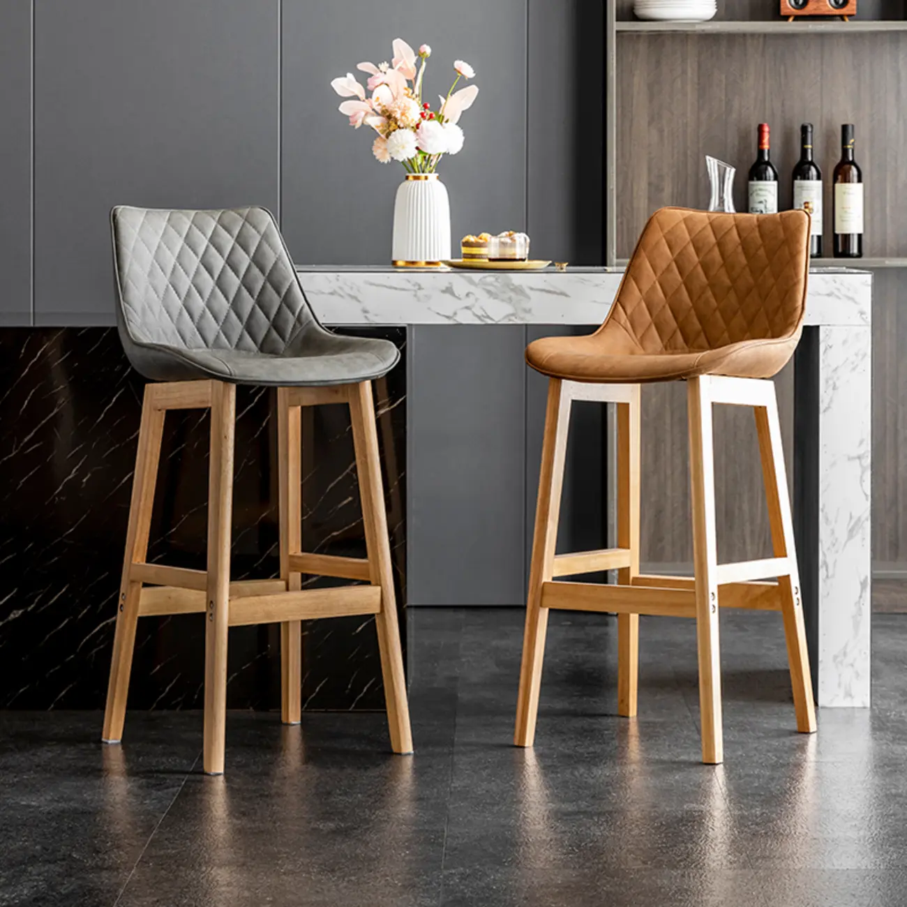 Mid-Century Modern Faux Leather Bar Stools with Wood Legs