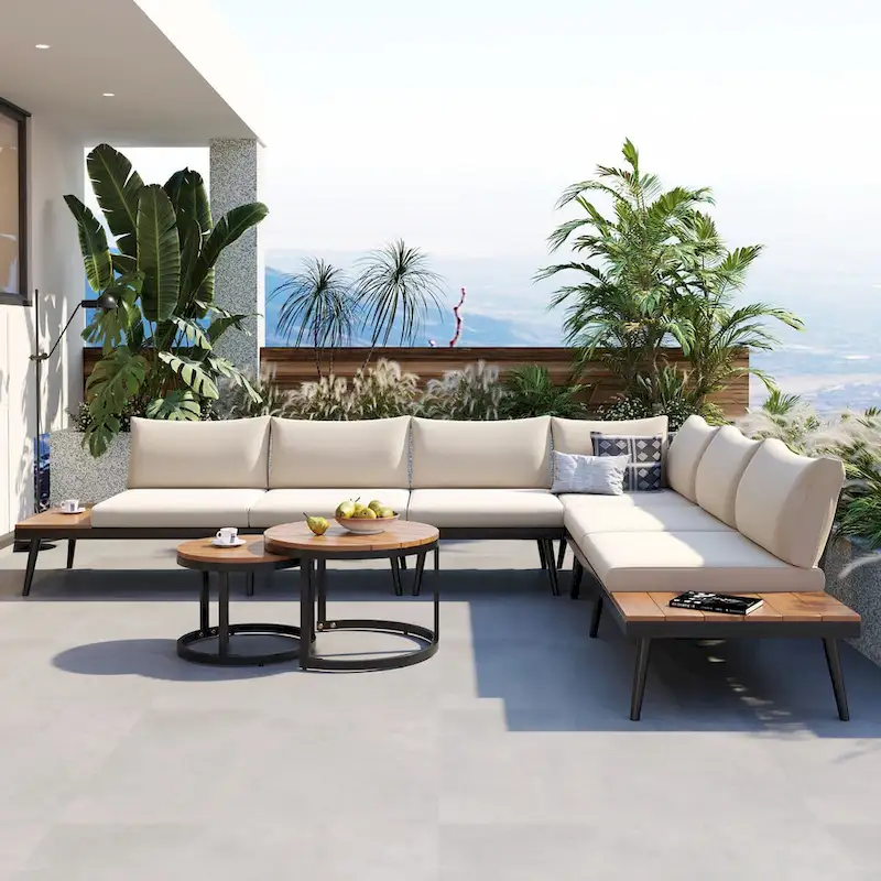 Beige 6-piece Acacia Wood Outdoor Sectional Sofa Set with Round Nesting Coffee Tables and Side Storage Shelf, Cushioned Seating