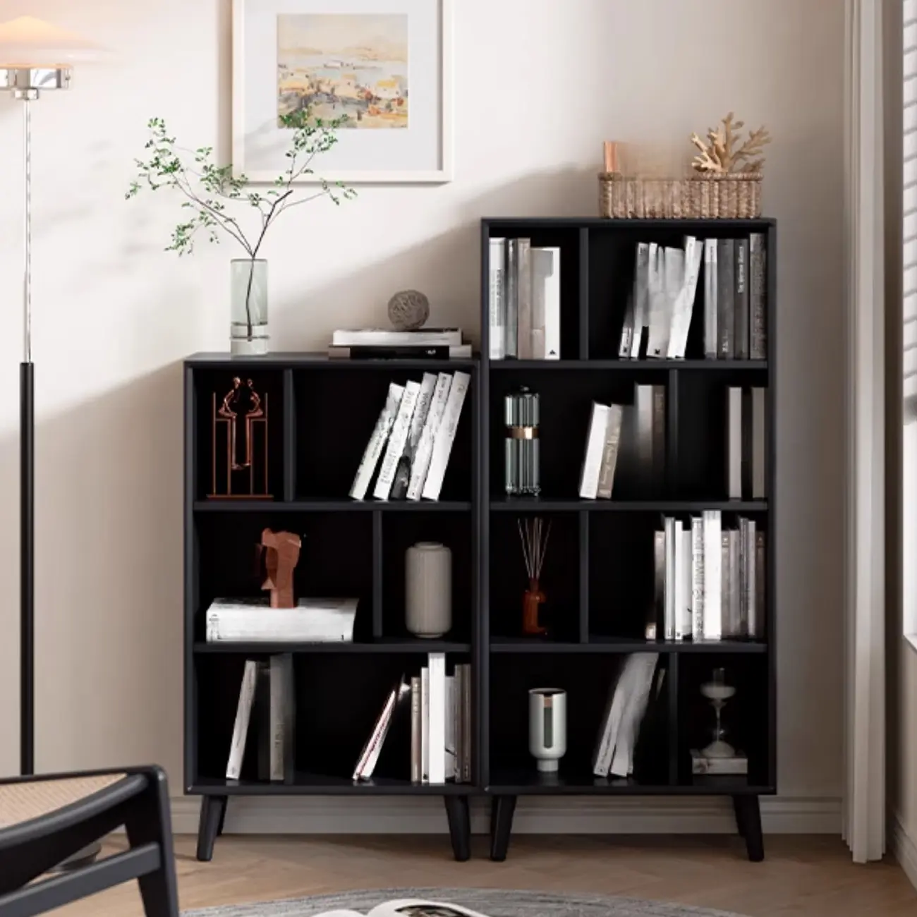 Modern Black Rubberwood Open Rectangle Bookcase