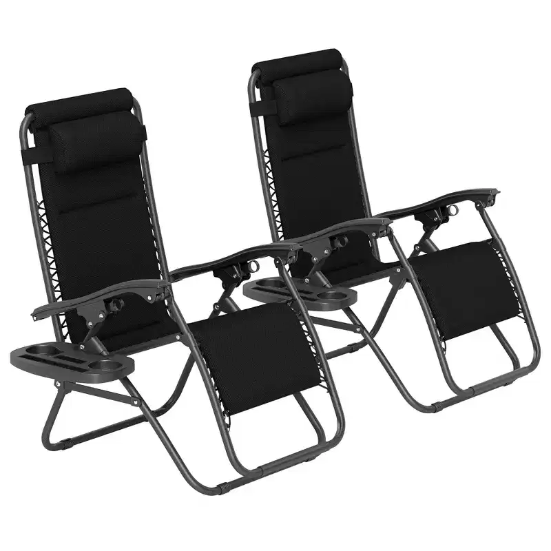 Zero Gravity Lounge Chair Set, 2 Pieces Reclining Folding Outdoor Lounge Chairs with Headrest Side Tray