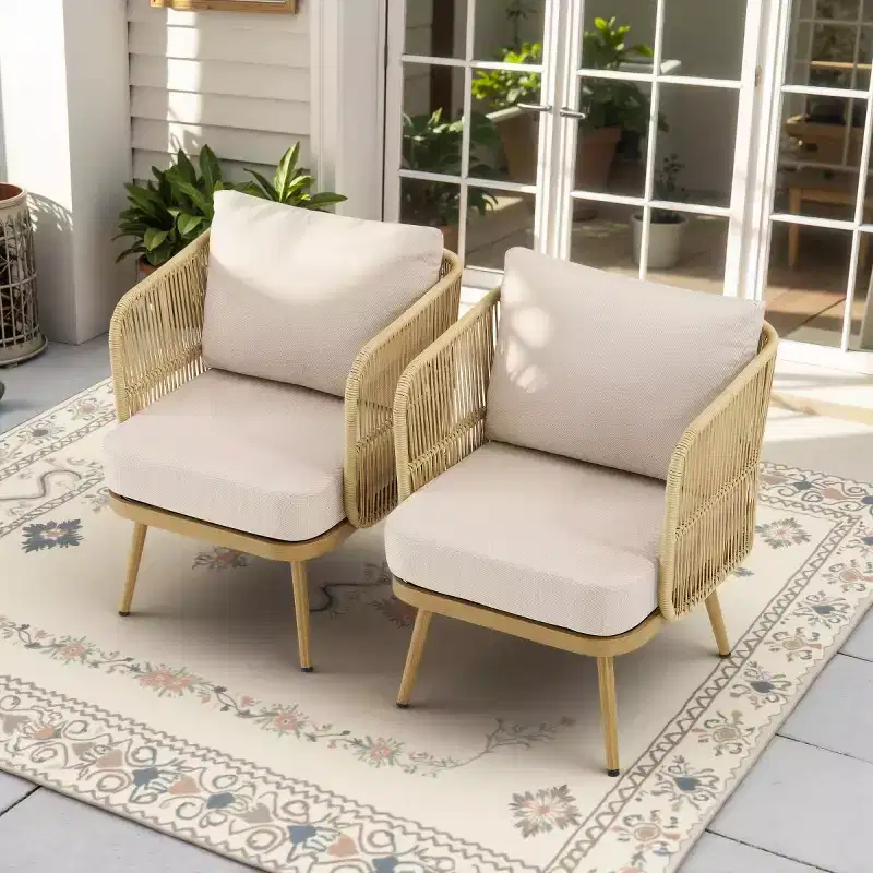 All-Weather Rattan Patio Chairs Set of 2, PE Wicker Barrel Club Chairs with 4 Thick Cushions for Porch, Deck, or Backyard-Panipeachy