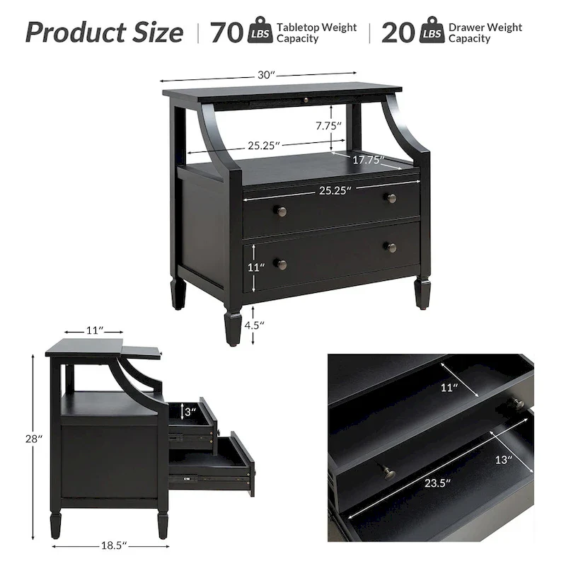 2 - Drawer Nightstand with Built-In Outlets and Pull-out Tray