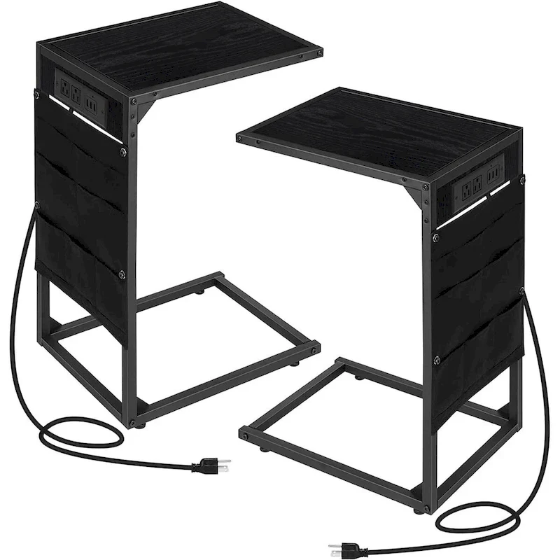 White/Grey/Black/Brown C-Shaped End Table with Charging Station, Set of 2