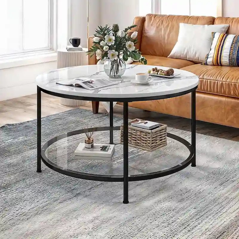 White Marble Pattern Round Coffee Table with Glass 2-Tier Circle Gold Frame