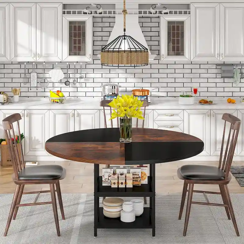 Round Dining Table with Storage Shelves, Metal Legs, 47-Inch Wood Top, Brown/Black
